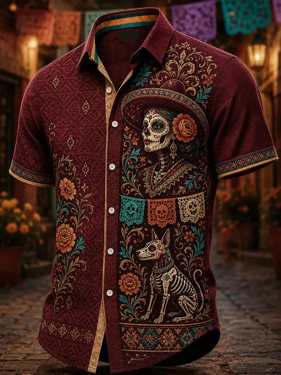 Men's Day Of The Dead Catrina Skeleton Hairless Dog Candle Cactus Marigold Floral Print Short Sleeve Buttons Shirt
