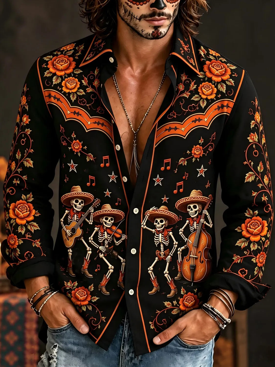 Men's Day Of The Dead Musical Skeleton Rose Print Turndown Collar Long Sleeve Shirt