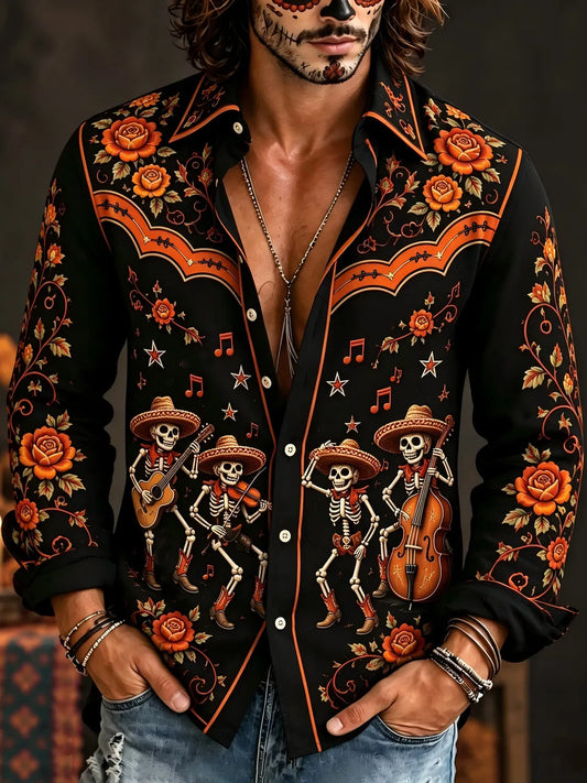Men's Day Of The Dead Musical Skeleton Rose Print Turndown Collar Long Sleeve Shirt