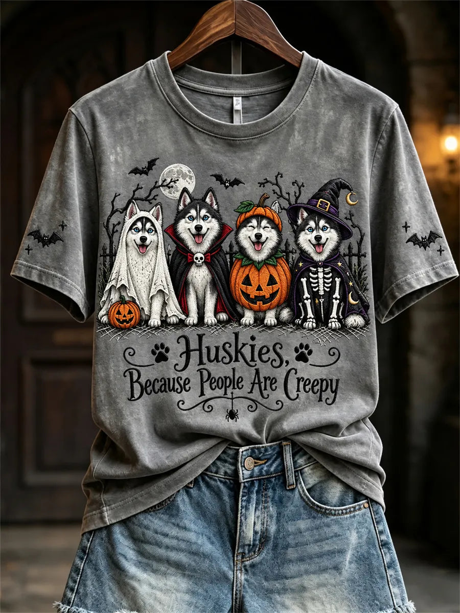 Women's Huskies Because People Are Creepy Halloween Dogs Print short-sleeved T-shirt