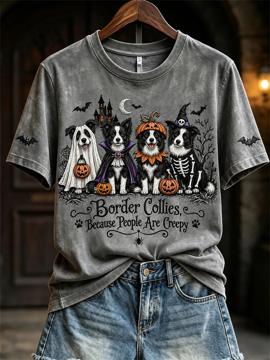 Women's Border Collies Because People Are Creepy Halloween Dogs Print short-sleeved T-shirt