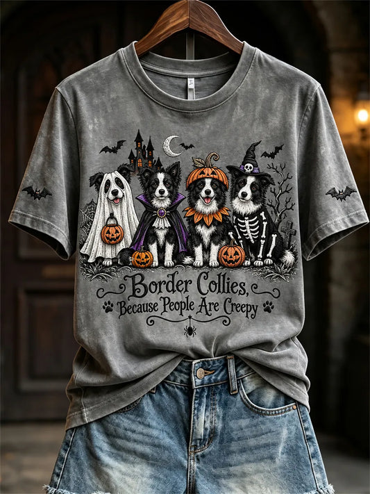 Women's Border Collies Because People Are Creepy Halloween Dogs Print short-sleeved T-shirt