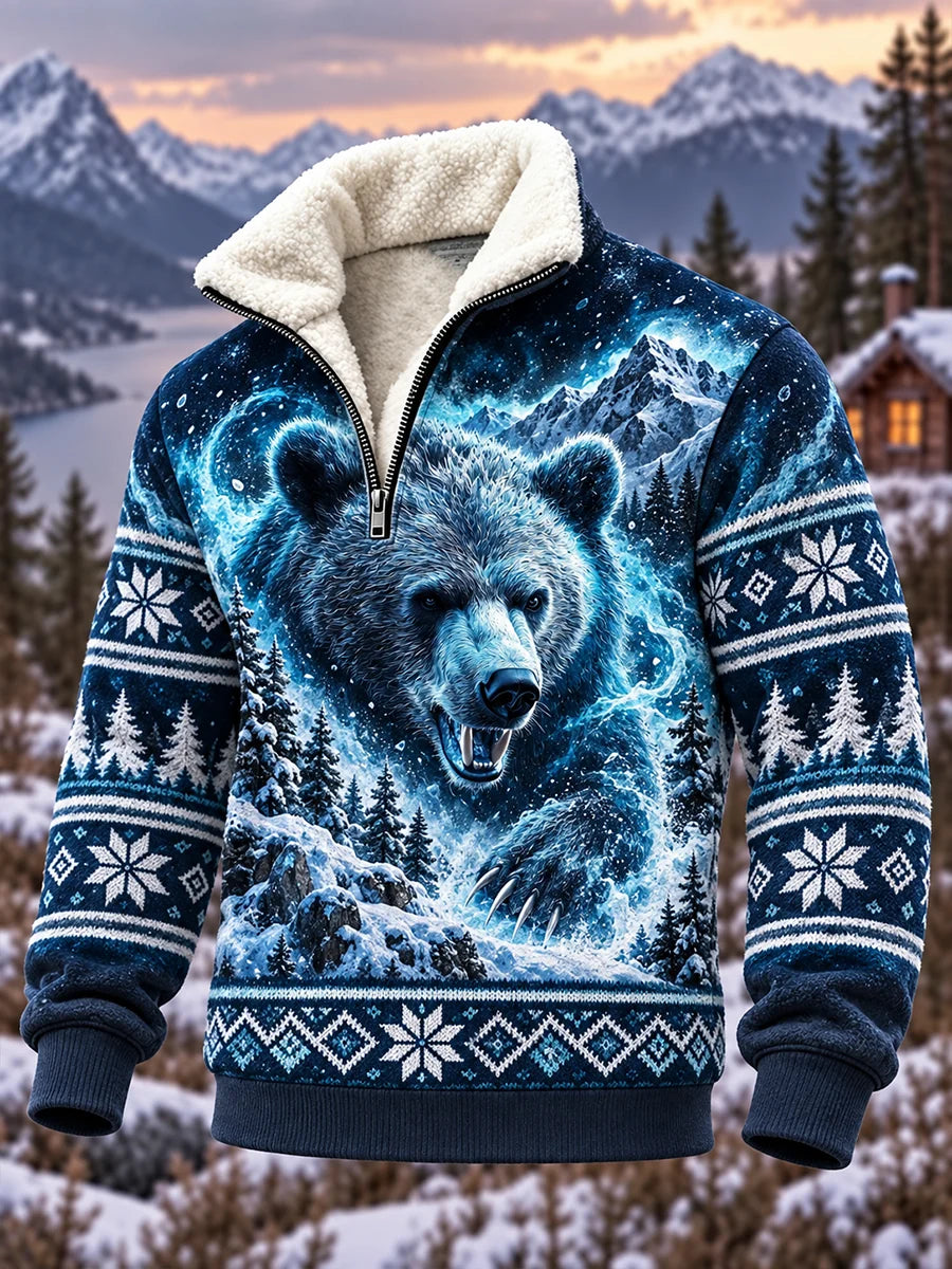 Men's Nordic Forest Animal Fleece-Lined Half-Zip Sweatshirt