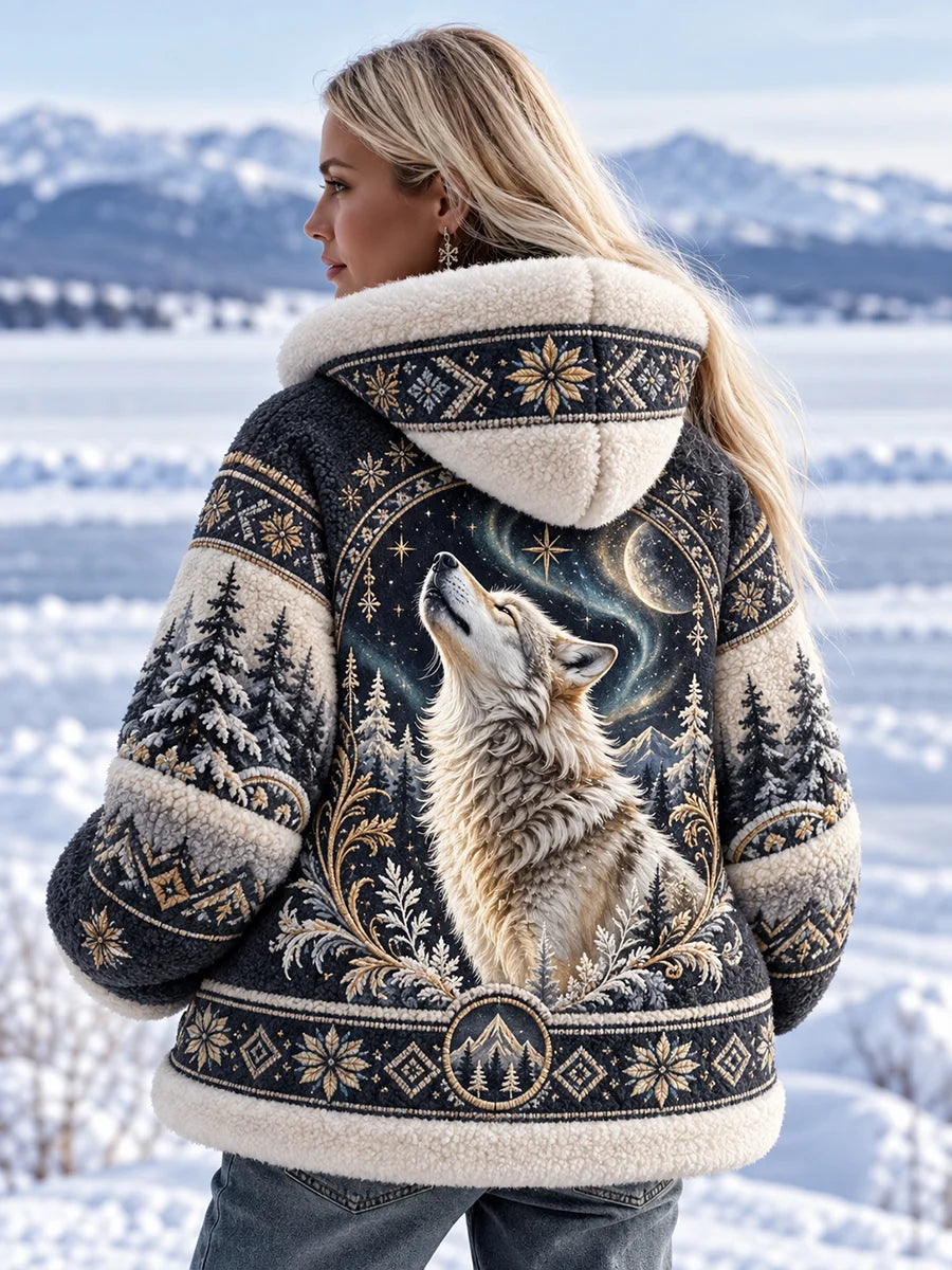 Women's Nordic Forest Animal Print Fleece-Lined Long-Sleeve Hoodie