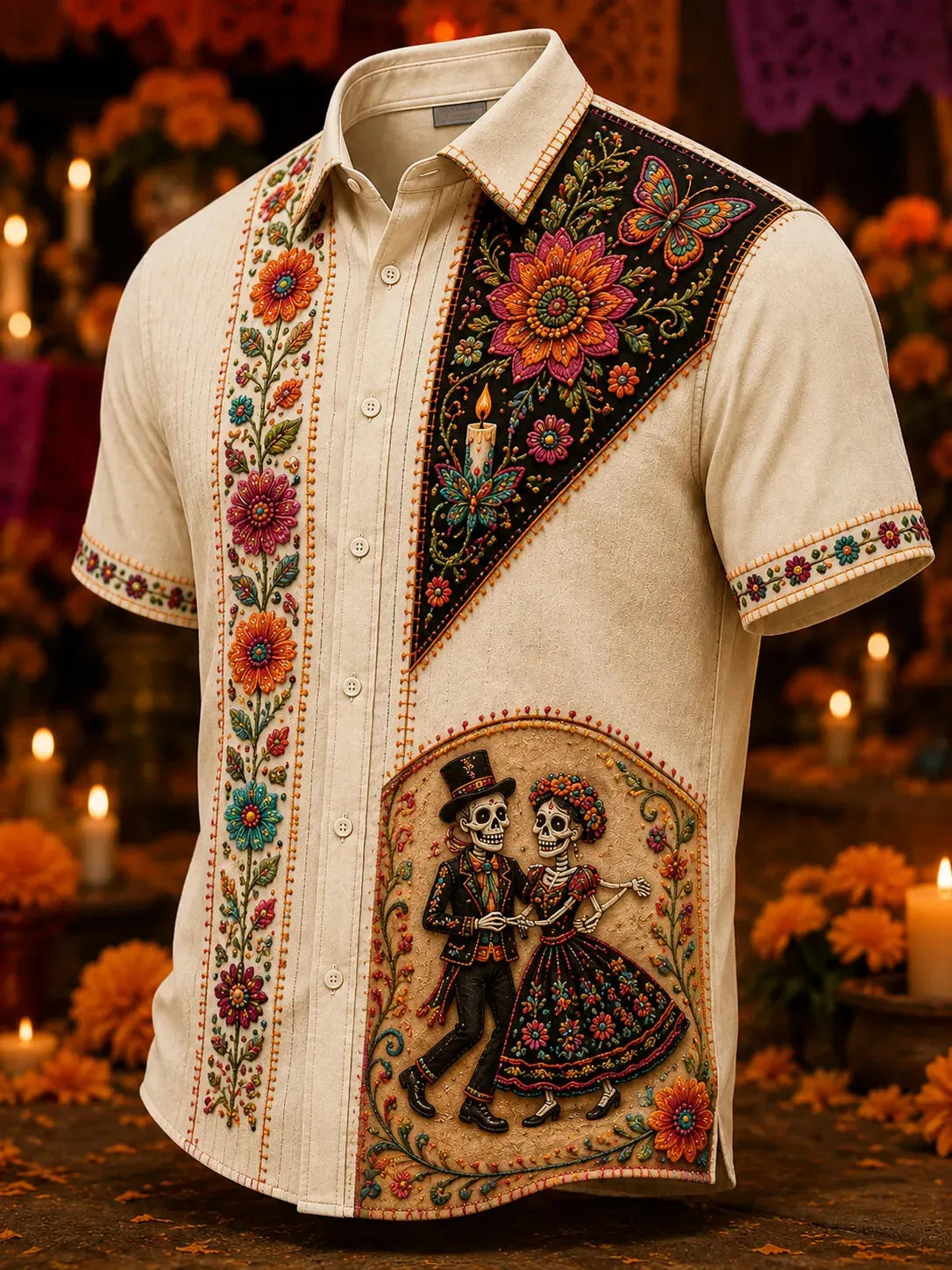 Men's Day Of The Dead Dancing Skeleton Couple Butterfly Floral Print Short Sleeve Buttons Shirt
