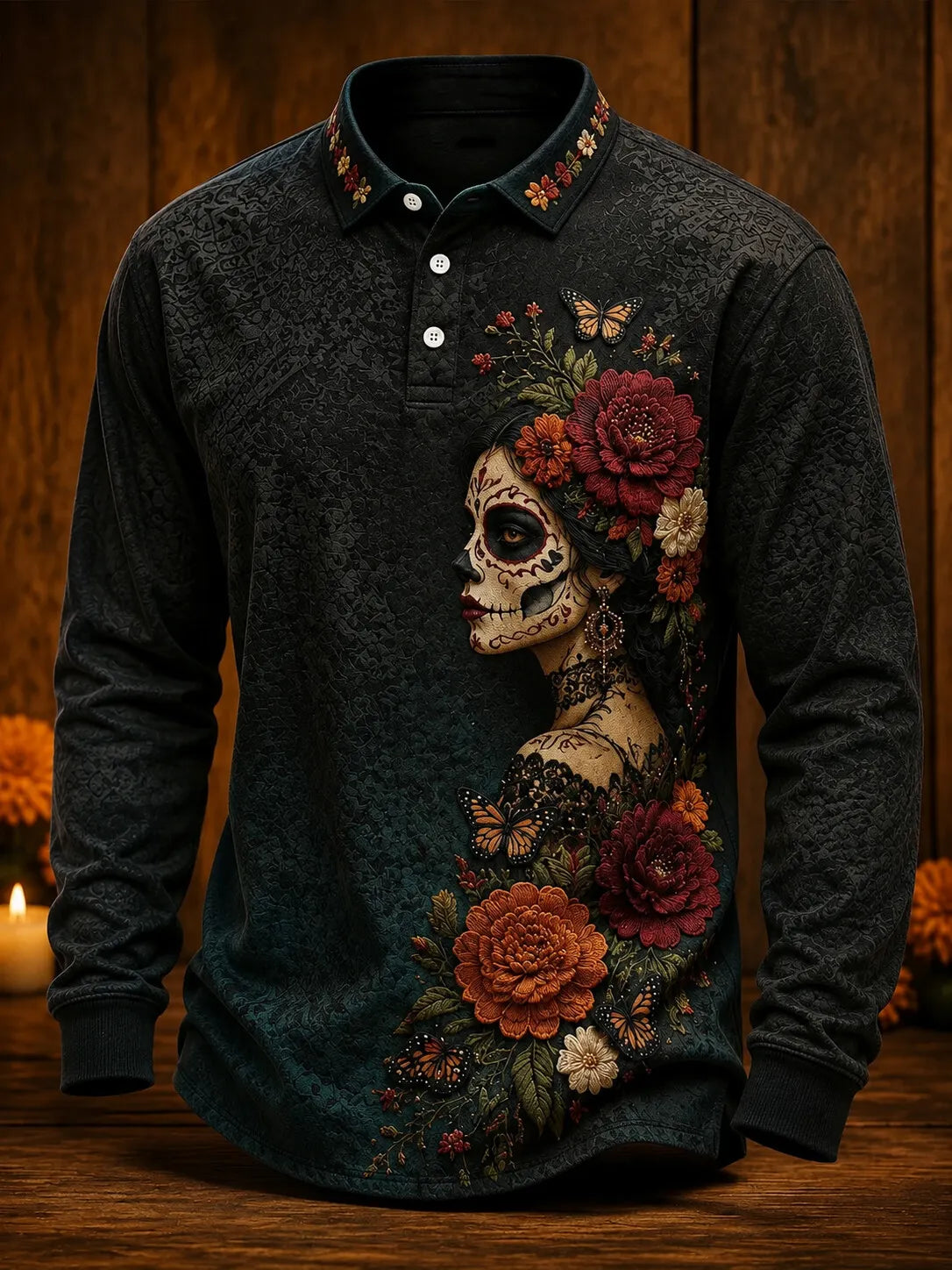 Men's Day Of The Dead Profile Catrina Portrait With Floral And Butterflies Print Long Sleeve Polo Shirt
