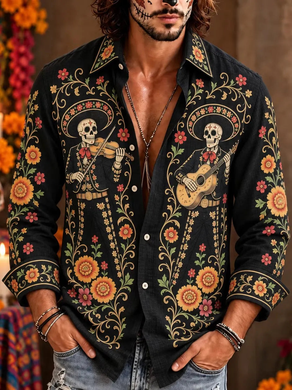 Men's Day Of The Dead Sombrero Skeleton String Players Print Long Sleeve Shirt