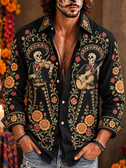 Men's Day Of The Dead Sombrero Skeleton String Players Print Long Sleeve Shirt