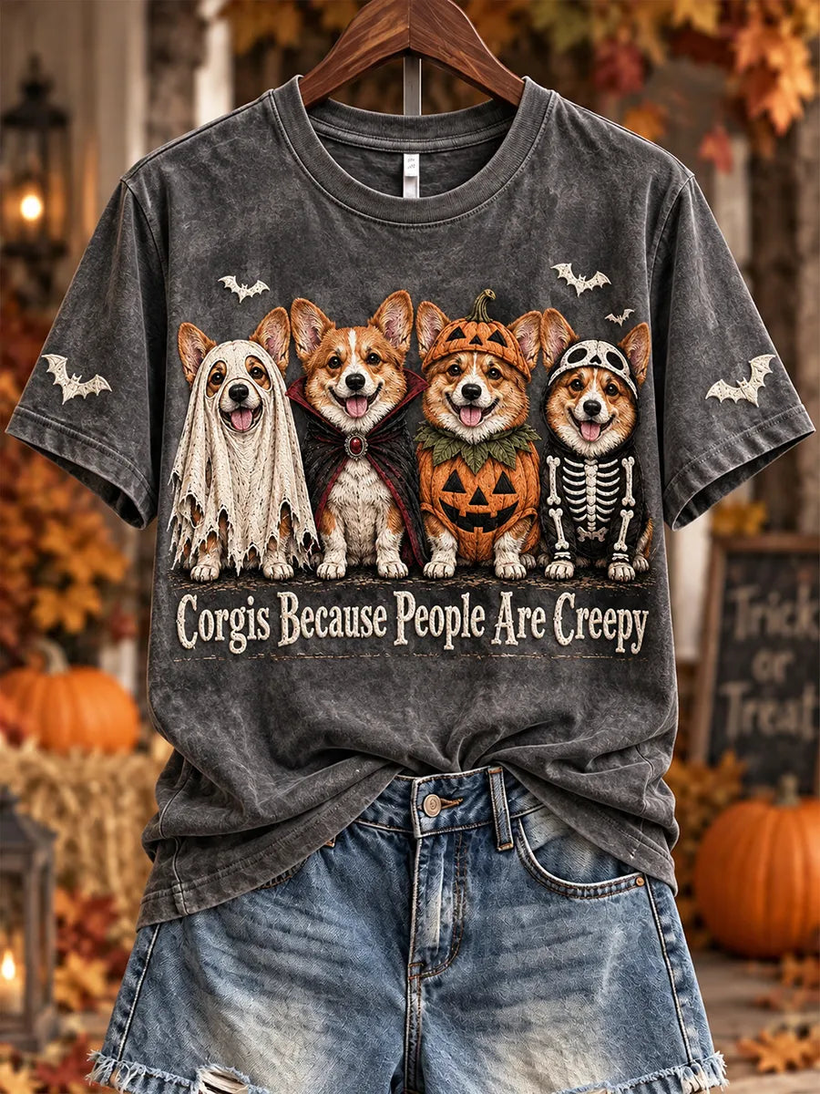 Women's Corgis Because People Are Creepy Halloween Print Short-sleeved T-shirt