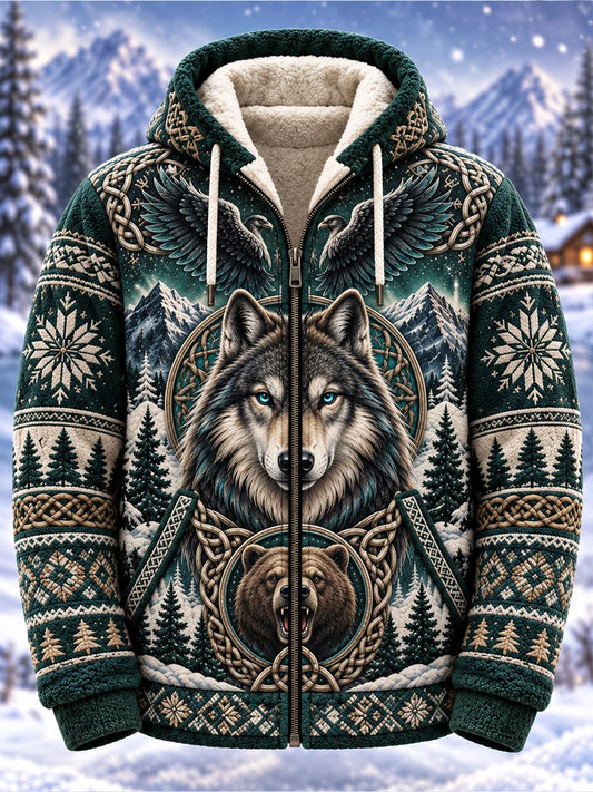 Men's Nordic Forest Animal Print Fleece-Lined Hoodie Jacket