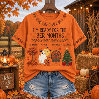 Women's "i'm Ready For The 'ber Months" Seasonal Foliage Ghost Turkey And Christmas Tree Graphic T-shirt