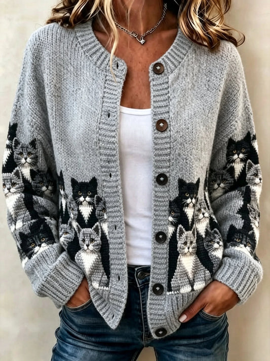 Women's Retro Cat Print Sweater Jacket