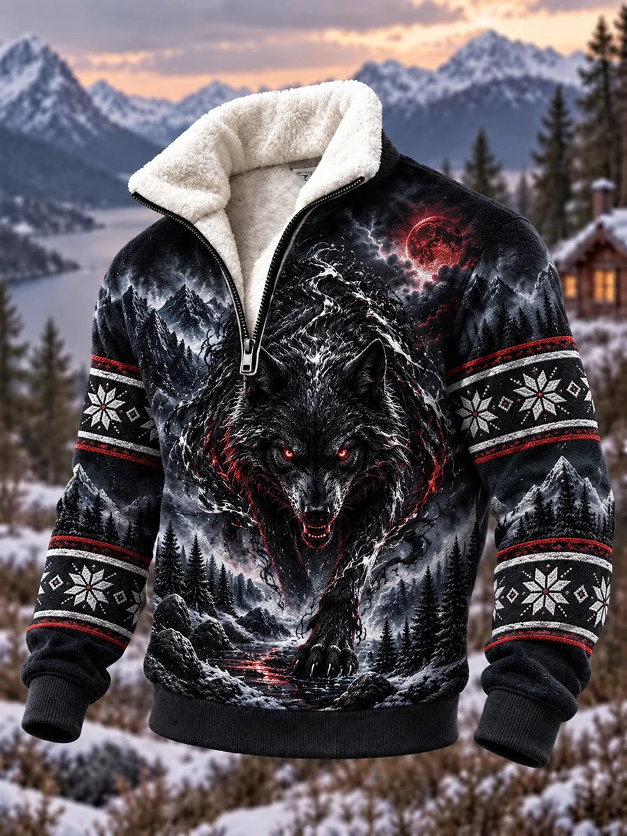 Men's Nordic Forest Animal Fleece-Lined Half-Zip Sweatshirt