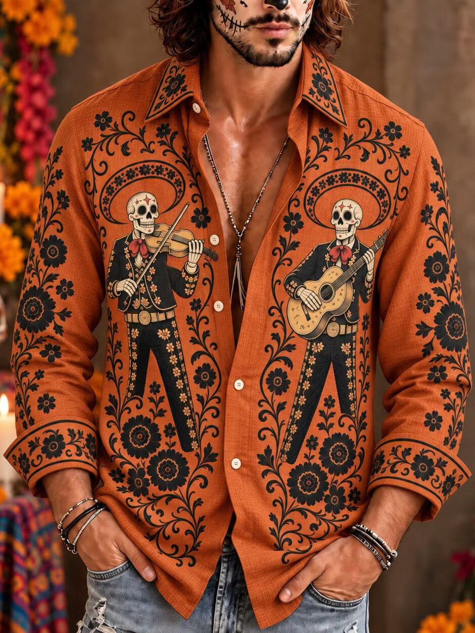 Men's Day Of The Dead Sombrero Skeleton String Players Print Long Sleeve Shirt