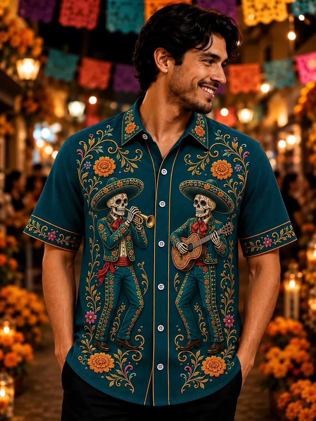 Men's Day Of The Dead Skeleton Musicians Playing Trumpet And Guitar Print Short Sleeve Buttons Shirt