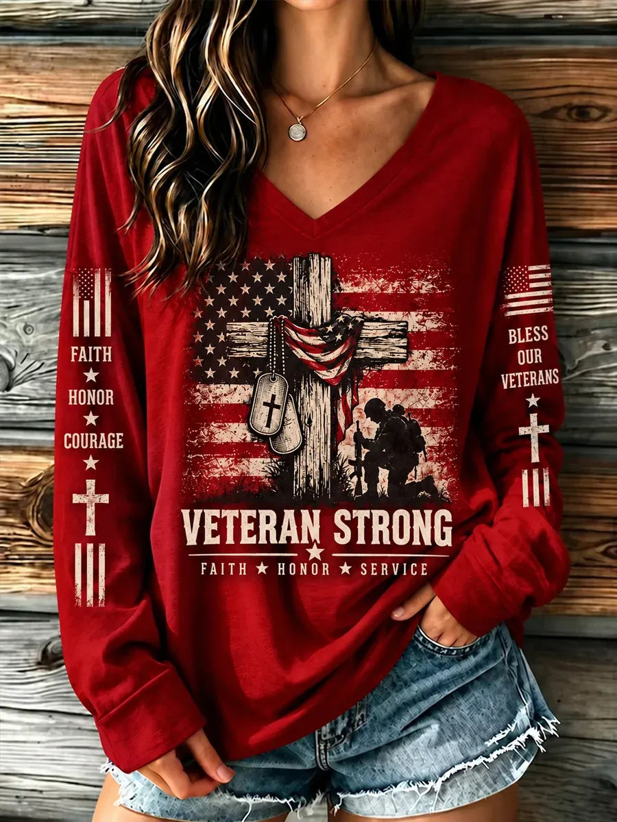 🎖️Women's U.S. Veterans Day Veteran Faith Art Print Casual Long-Sleeve T-Shirt
