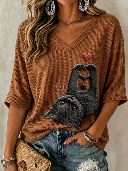 Women's Vintage Casual Cat Print T-Shirt