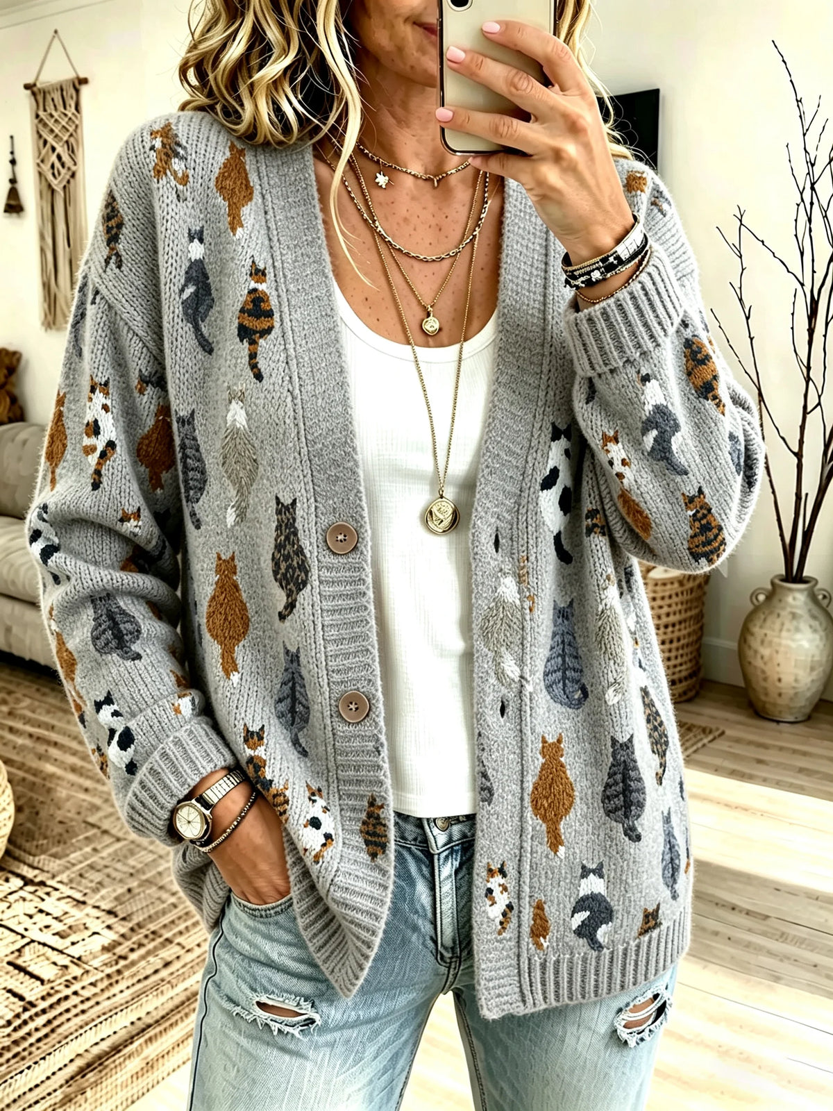 Women's Retro Cat Print Sweater Jacket