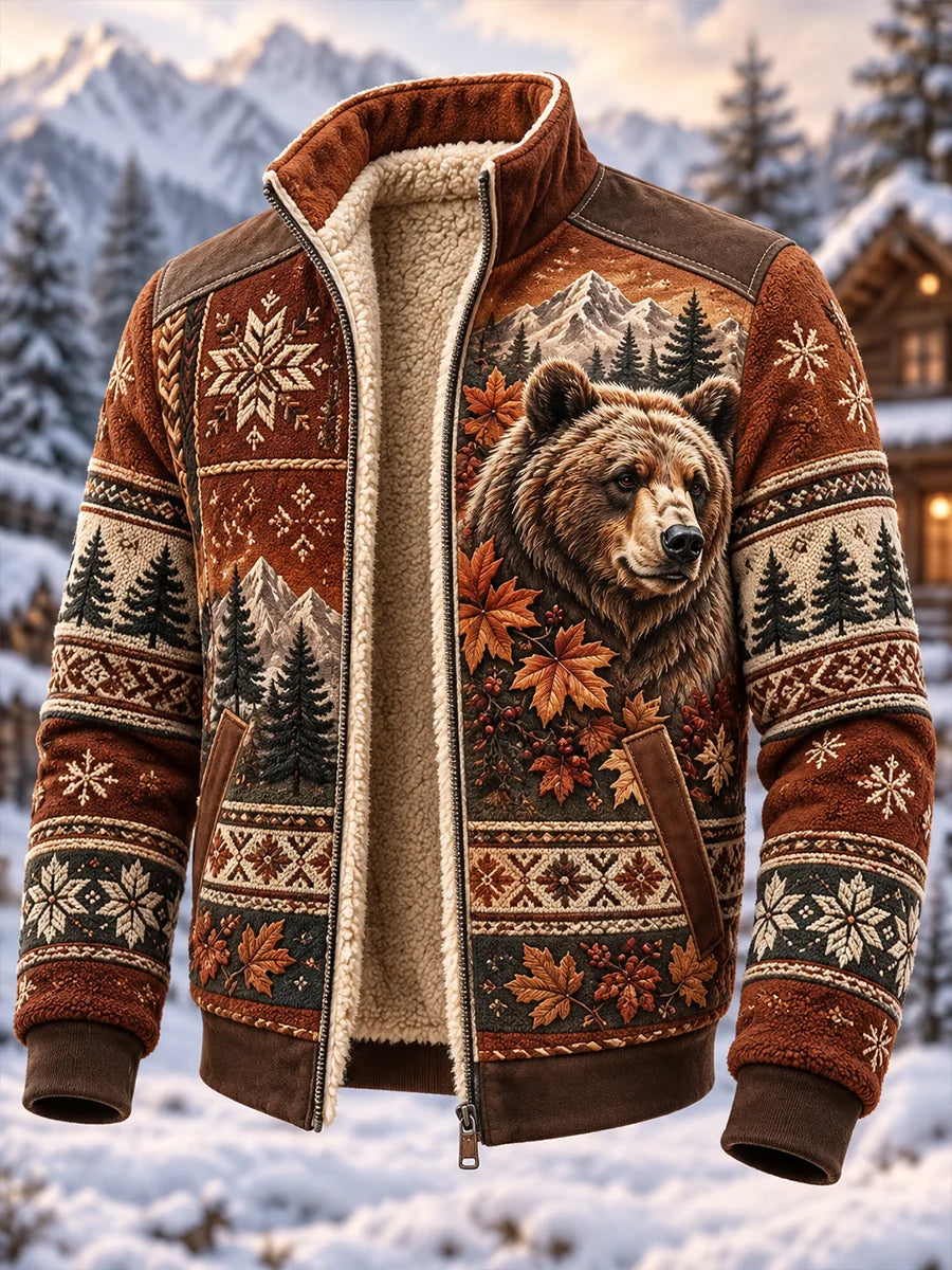 Men's Nordic Forest Animal Fleece-Lined Stand-Collar Jacket