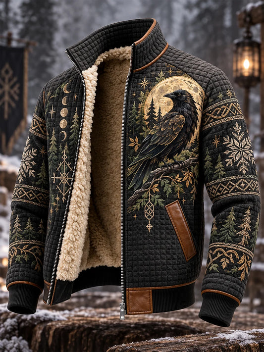 Men's Nordic Forest Animal Print Fleece-Lined Stand-Collar Jacket