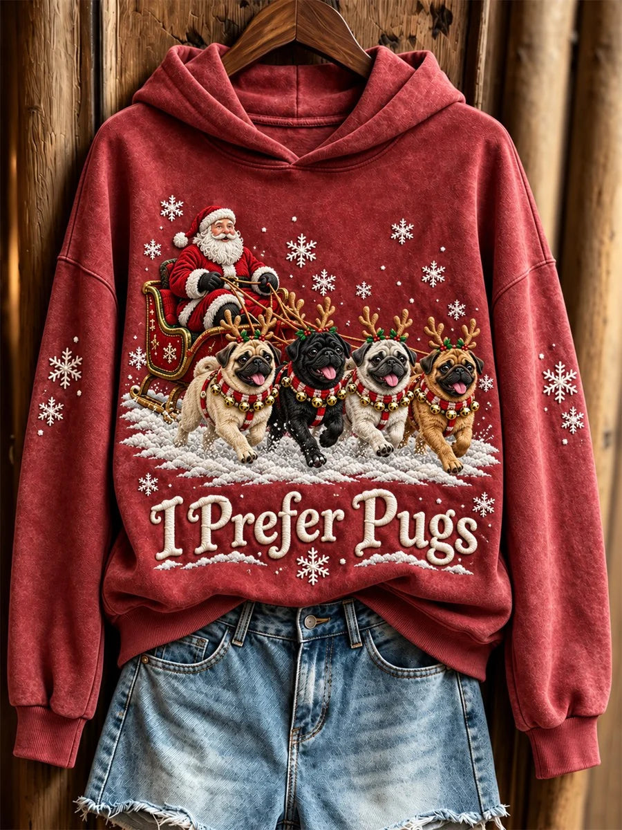 Women's Christmas I Prefer Pugs Santa Claus & Dogs Print Hoodie