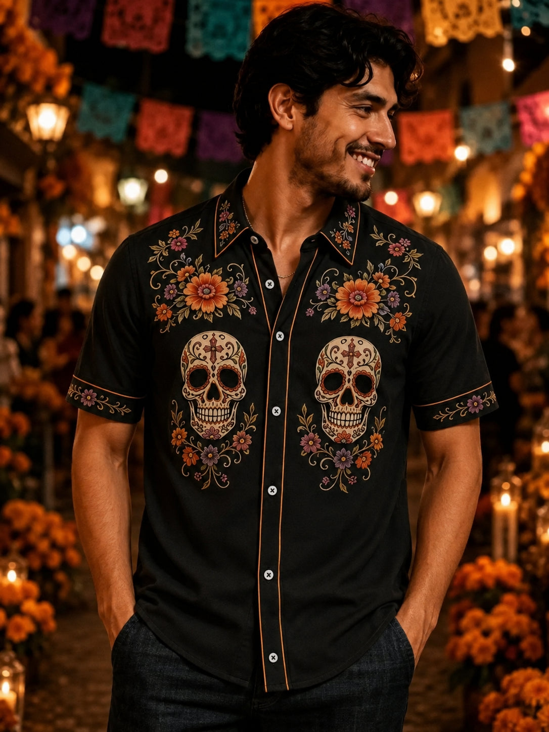 Men'S Day Of The Dead Print Short Sleeve Buttons Shirt