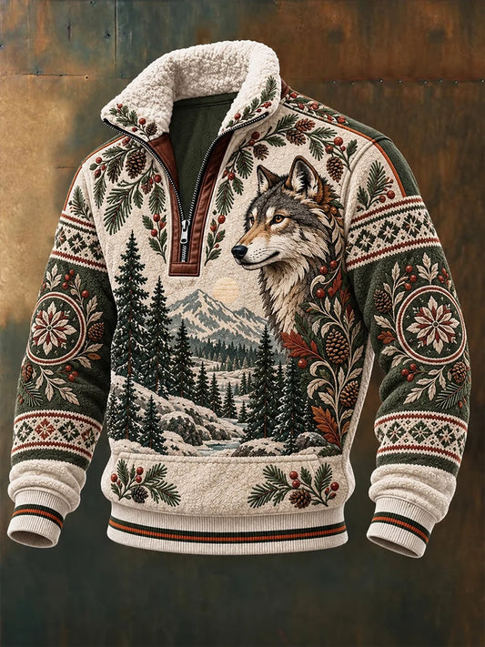 Men's Nordic Forest Animal Fleece-Lined Stand-Collar Sweatshirt