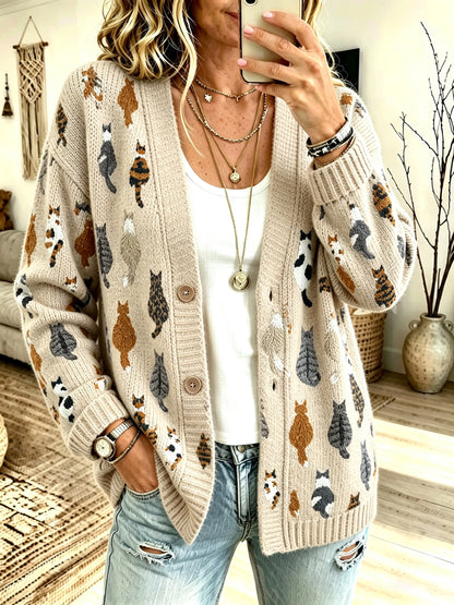 Women's Retro Cat Print Sweater Jacket