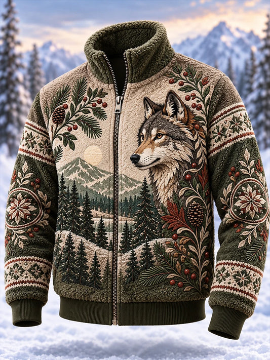 Men's Nordic Forest Animal Print Fleece-Lined Stand-Collar Jacket