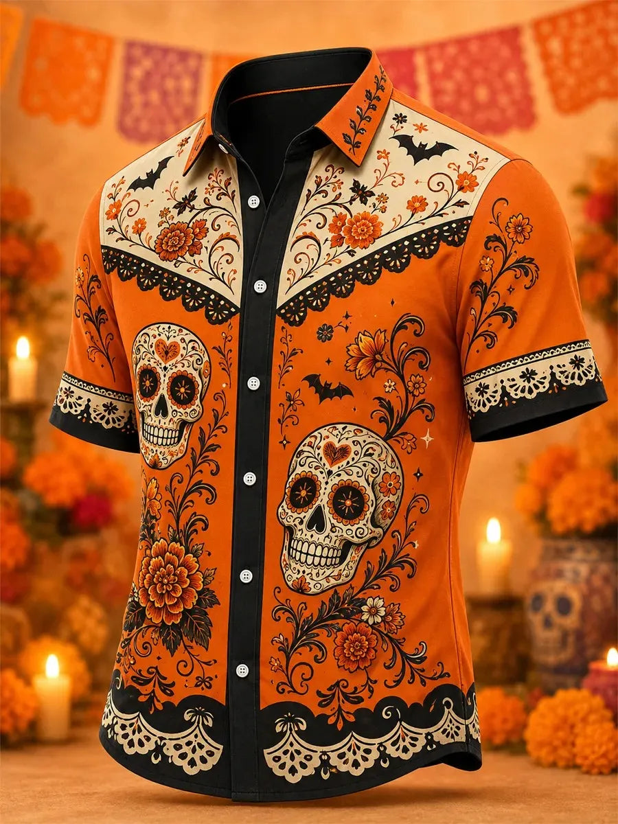 Men's Day Of The Dead Heart‑Ornament Skulls Floral Bat Print Short Sleeve Buttons Shirt