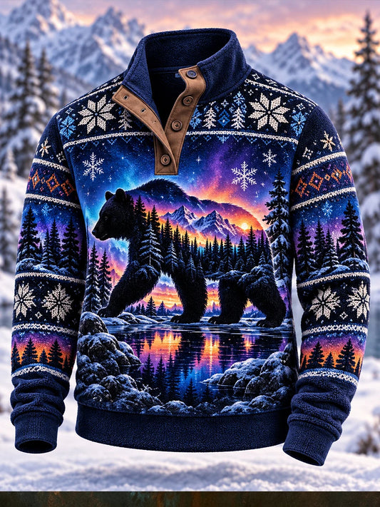 Men's Nordic Forest Animal Four-Button Hoodie