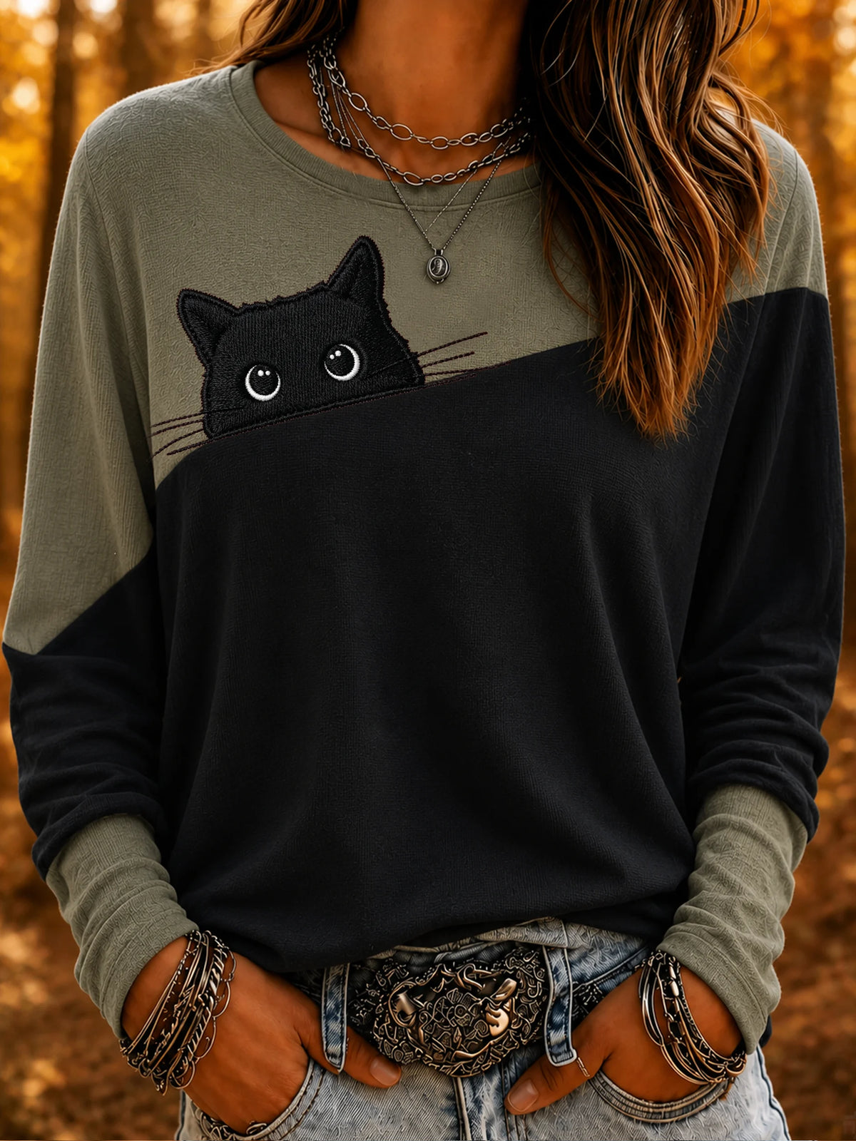 Women's Mysterious Black Cat Print Crew Neck Top