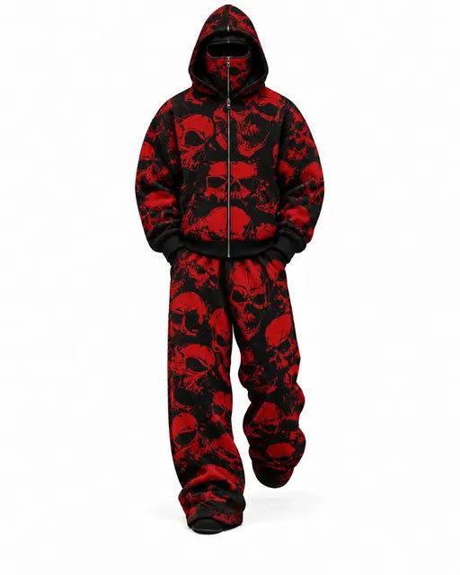Red Gothic Skull Pattern Mask Hoodie Tracksuit Set