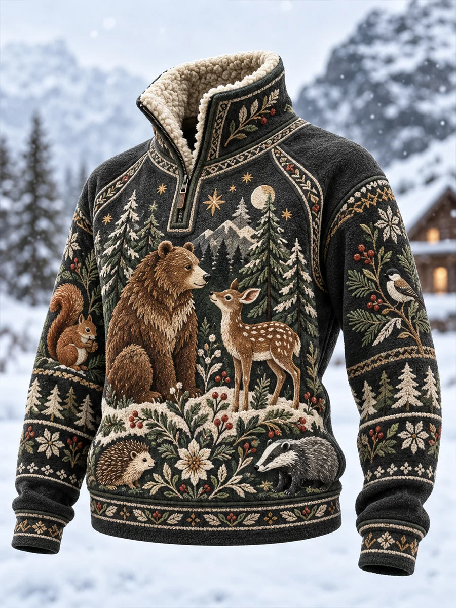 Women's Nordic Forest Animal Fleece-Lined Long-Sleeve Sweatshirt