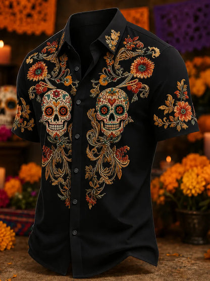 Men's Ornate Vine Floral Calaveras Day of the Dead Print Short Sleeve Buttons Shirt