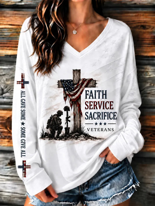 🎖️Women's U.S. Veterans Day Veteran Faith Art Print Casual Long-Sleeve T-Shirt