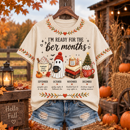 Women's "i'm Ready For The 'ber Months" Pumpkin Spice Ghost And Holiday Icons Graphic T-shirt