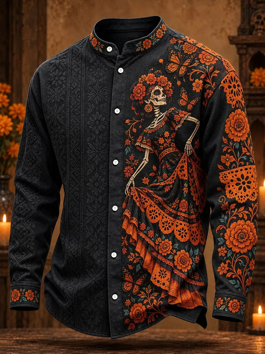 Men's Day Of The Dead Dancing Female Skeleton Butterfly Marigold Floral Print Long Sleeve Shirt