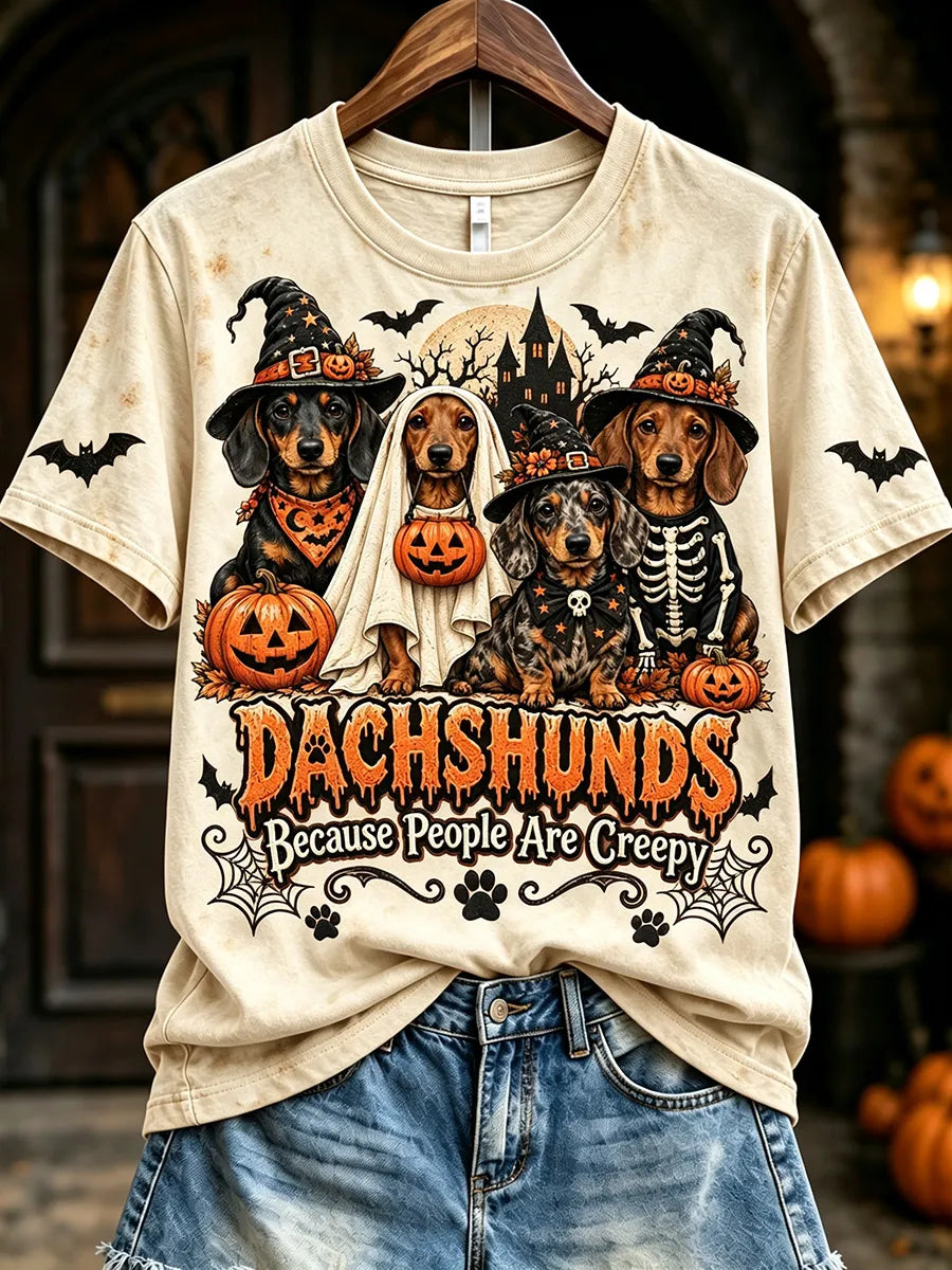 Women's Dachshunds Because People Are Creepy Halloween Print Short-sleeved T-shirt