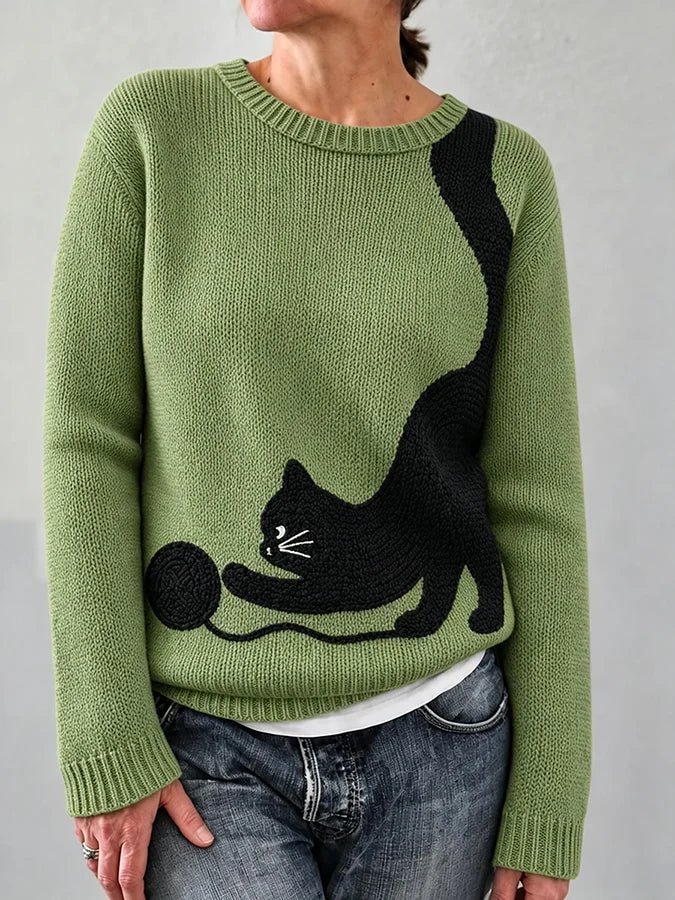 Women'S Cute Black Cat Print Comfortable Knit Sweater