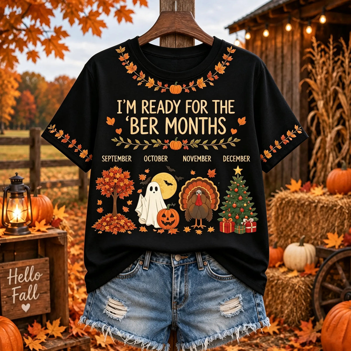 Women's "i'm Ready For The 'ber Months" Seasonal Foliage Ghost Turkey And Christmas Tree Graphic T-shirt