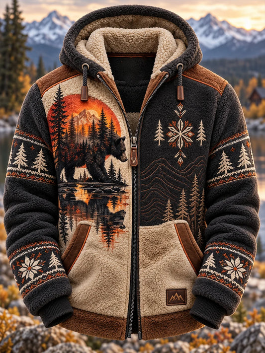Men's Nordic Forest Animal Flannel Hooded Jacket