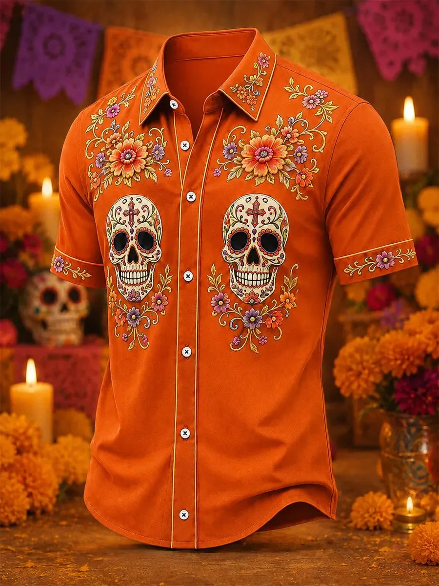 Men'S Day Of The Dead Print Short Sleeve Buttons Shirt