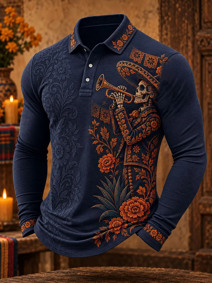 Men's Day Of The Dead Skeleton Trumpet Player Marigold Floral Print Long Sleeve Polo Shirt