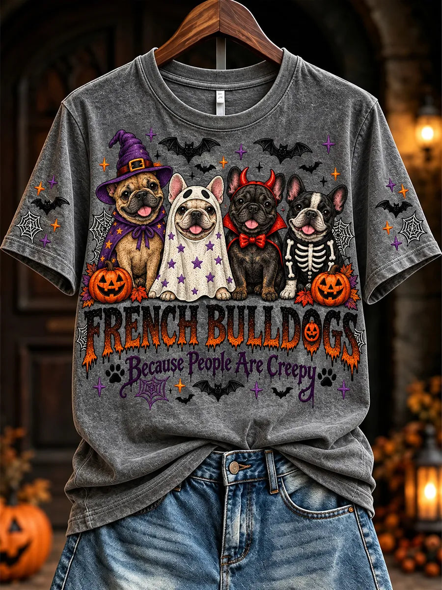 Women's Vintage Halloween French Bulldogs Because People Are Creepy Print Short-sleeved T-shirt