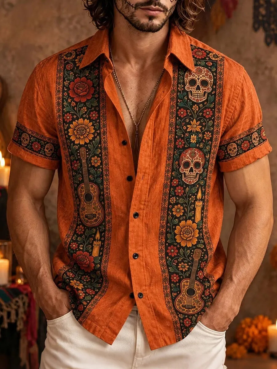 Men's Day Of The Dead Skull Guitar Floral Bands Print Short Sleeve Buttons Shirt