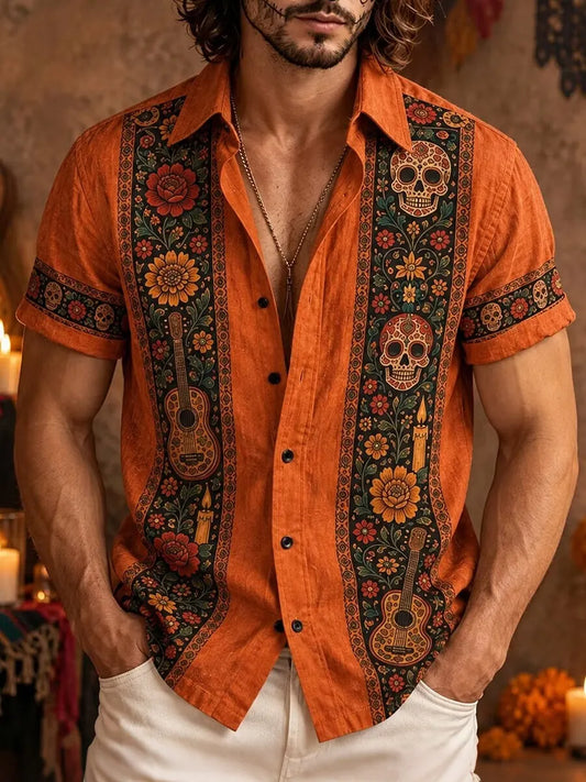 Men's Day Of The Dead Skull Guitar Floral Bands Print Short Sleeve Buttons Shirt
