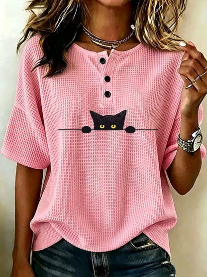 Women's Casual Waffle Print Loose Top