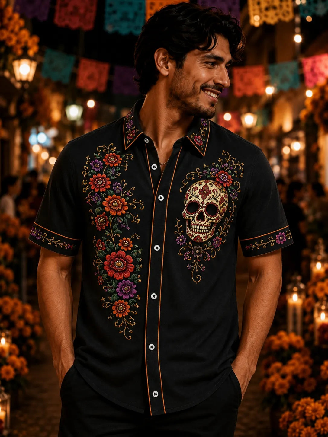 Men's Day Of The Dead Floral Skull And Curving Blossom Vines Print Short Sleeve Buttons Shirt