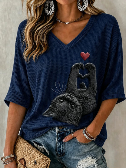 Women's Vintage Casual Cat Print T-Shirt